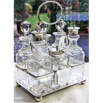 Six Bottle Silver Plated & Glass Condiment Cruet Set - Antique (#100022) 1