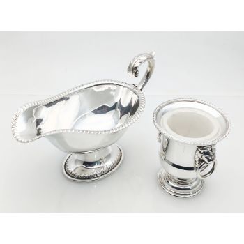 Vintage Silver Plated Gravy / Sauce Boat & Mini-urn Toothpick Holder (#100028) 1