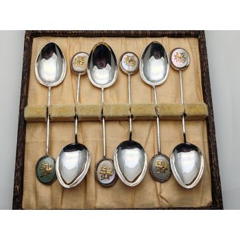 Cased Set Of 6 Chinese Good Luck Spoons - Silver Plated & Mop (#100045) 1