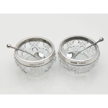 Pair Of Sterling Silver & Cut Glass Salt Pots With Spoons 1905 Antique (#100066) 1