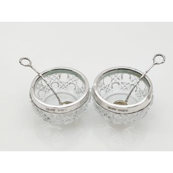 Pair Of Sterling Silver & Cut Glass Salt Pots 1905 Antique + Spoons (#100067) 1