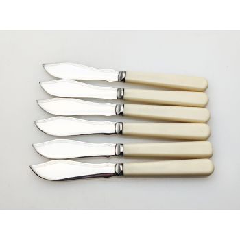 Vintage Cased Set Of 6 Butter Spreaders Faux Bone Handled Silver Plated Epns (#100098) 1
