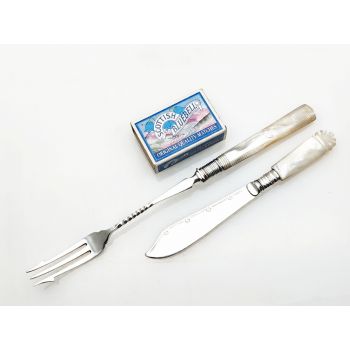 Lovely Antique Carved Mother Of Pearl Silver Plated Pickle Fork + Spreader (#100107) 1
