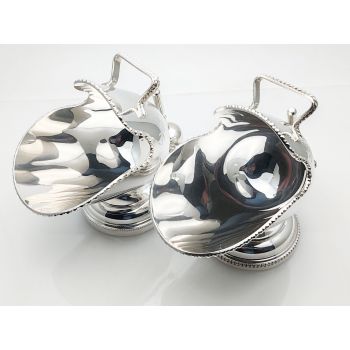 Near Pair Of Coal Scuttle Form Sugar Bowls With Scoops Silver Plated Vintage (#100122) 1