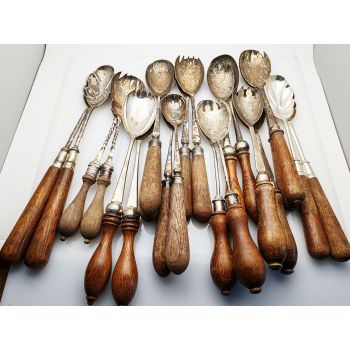 Job Lot 11 Pairs Of Wooden Handled Epns Silver Plated Salad Servers Antique (#100128) 1