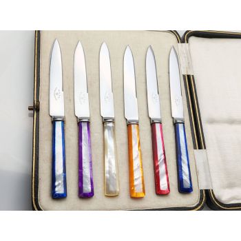 Super Set Of Stained Mother Of Pearl Steel Cutlery Knives Hutton Vintage (#100139) 1