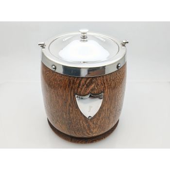 Antique Silver Plated & Oak Biscuit Barrel (#100145) 1