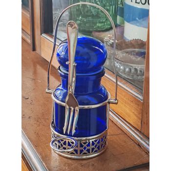 Silver Plated Pickle Jar Frame With Fork & Blue Glass Jar - Vintage (#100263) 1
