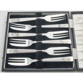 Vintage Angora Epns Cased Set Of 6 Cake Forks - Silver Plated (#100285) 1