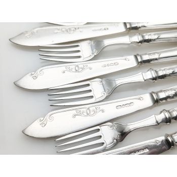 Roberts & Belk Initial 'r' 12 Piece Fish Cutlery Set Antique Silver Plated Epns (#100289) 1