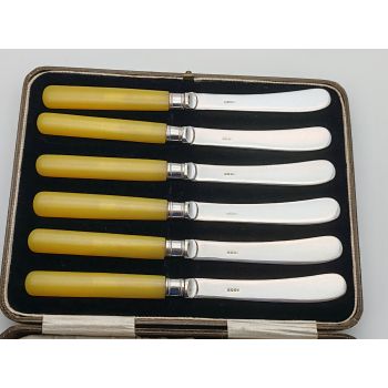 Vintage Silver Plated & Amber Coloured Plastic Handled Tea Knives Cased (#100340) 1