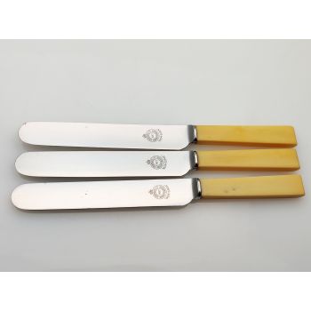 3x Harrods Large Faux Bone Block Handled Stainless Steel Dinner Knives Vintage (#100364) 1