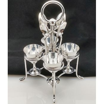Good 4 Egg Cup Cruet Set With Spoons Silver Plated - Vintage (#100401) 1