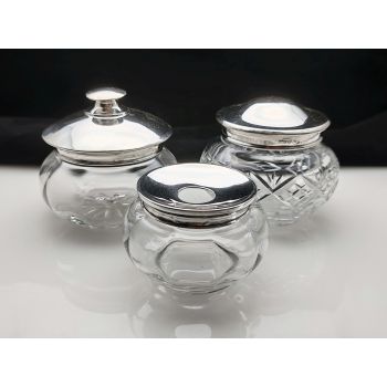 Job Lot Of 3x Sterling Silver & Glass Vanity Jars - 76g Of Silver -  Antique (#100408) 1