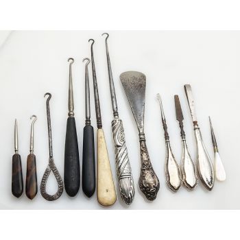 Job Lot Of 12 Steel Buttonhooks / Tools Etc - Some Silver Handled (#100421) 1