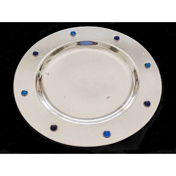 Silver Plated & Blue Glass Cabochon 12 Inch Serving Dish / Plate (#100479) 1