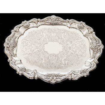 Ornate Silver Plated Drinks Tray - Chased - Vintage (#100509) 1