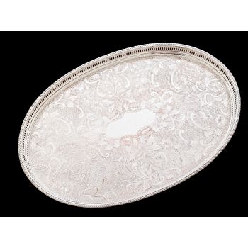 Large 46cm Chased Galleried Serving / Tea Tray Silver Plated Sheffield - Vintage (#100539) 1