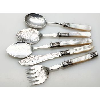 5x Mother Of Pearl Handled Jam Spoons Sardine Fork Etc Silver Plated Antique (#100598) 1