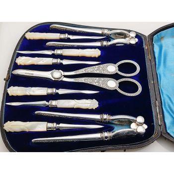 Beautiful Venetian Pattern Fruit & Nut Set Silver Plated Mother Of Pearl - Cased (#100665) 1