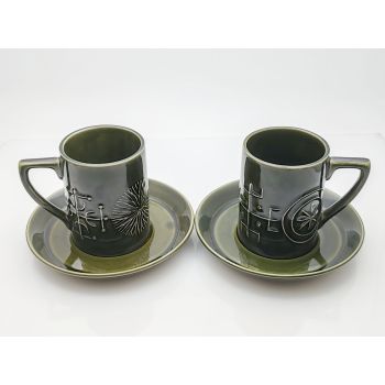 Portmeirion Olive Green Totem 2x Regular Coffee Mugs & Saucers (#100682) 1