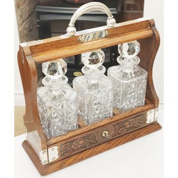 Antique 3 Decanter Tantalus - Carved Oak Silver Plated - With Key -  Glass Fine (#100709) 1