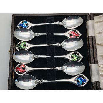 Vintage Silver Plated & Enamel Coffee Spoons Set - Cased (#100735) 1