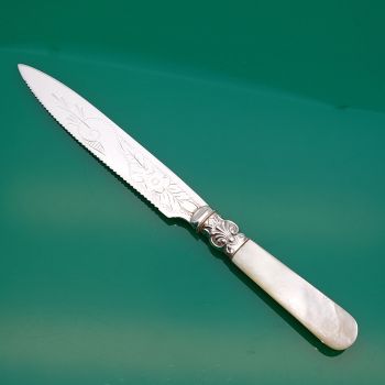 Mother Of Pearl Handled Shorter Length Cake Knife -  Silver Plated Antique (#60383) 1