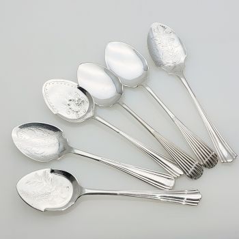 6x Ridged Handle Jam & Cream Etc Spoons - Silver Plated -  Antique & Vintage (#60608) 1