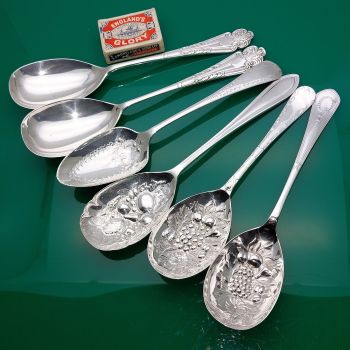 6x Lovely Ornate Serving Spoons Incl Berry Bowl Silver Plated Epns Antique (#60771) 1