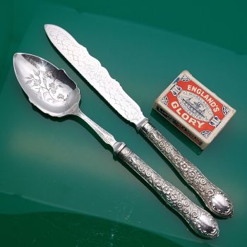 Ornate 1878 Floral Scroll Beautiful Silver Plated Large Jam Spoon & Cake Knife (#60843) 1
