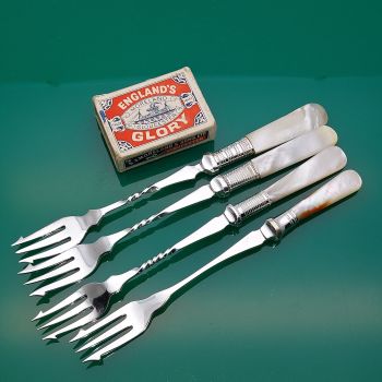 4x Mother Of Pearl Handled Pickle Forks Silver Plated Antique (#60870) 1
