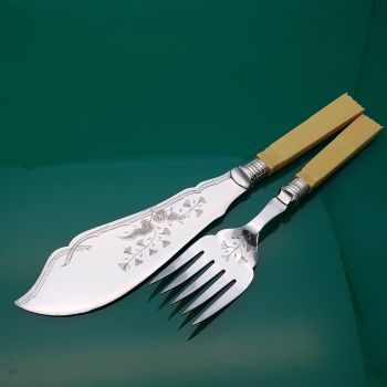 Antique Fish Servers Faux Bone Handled Silver Plated (#60932) 1