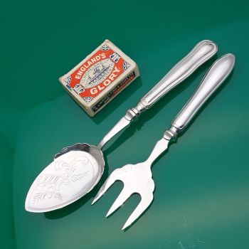 Large Cream Spoon Old English Thread + Serving Fork Silver Plated Antique (#60989) 1