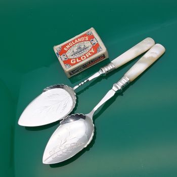 Large Bowl Jam & Cream Spoons - Mother Of Pearl Handled Silver Plated Antique (#60998) 1