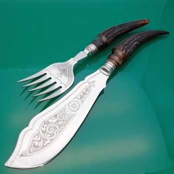 Ornate Stag Horn Antler Handled Fish Servers Silver Plated Antique (#61142) 1