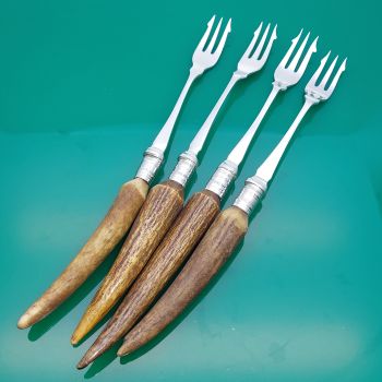 4x Stag Horn Antler Handled Pickle Forks - Silver Plated Ep On Ns Antique (#61183) 1