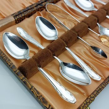 Gleaming Cased Spoons & Tongs Set - Silver Plated Epns - Vintage Mock Croc Case (#61213) 1