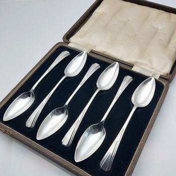 Art Deco Chevron Pattern Set Of 6 Grapefruit Spoons Silver Plated Epns Vintage (#61365) 1