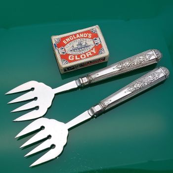 Pair Of Antique Silver Plated Bread / Meat Forks Victorian Ornate Handles (#61386) 1