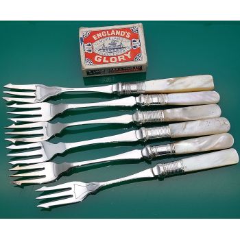 6x Mother Of Pearl Handled Pickle Forks Silver Plated (#61443) 1