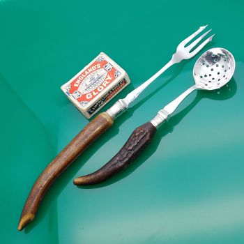Long Stag Horn Antler Pickle Fork & Ladle Sterling Ferrules Silver Plated (#61465) 1