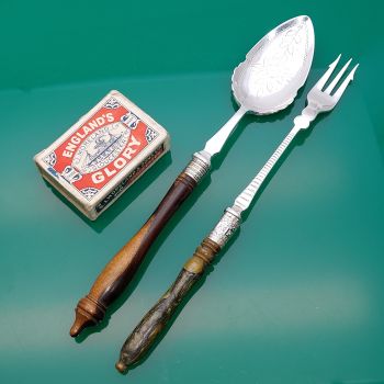 Beautiful Turned Treen Handle Pickle Fork And Jam Spoon Silver Plated Antique (#61468) 1
