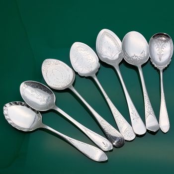 7x Bright Cut Silver Plated Jam & Cream Spoons Antique Epns (#61505) 1