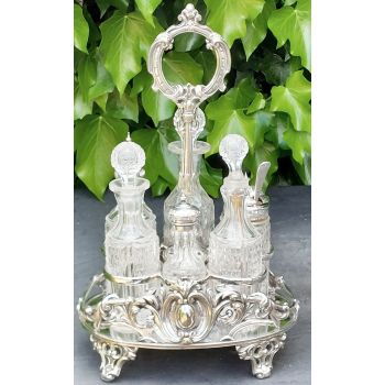 Ornate Victorian 6 Bottle Cruet Set Silver Plated & Glass Antique (#61616) 1