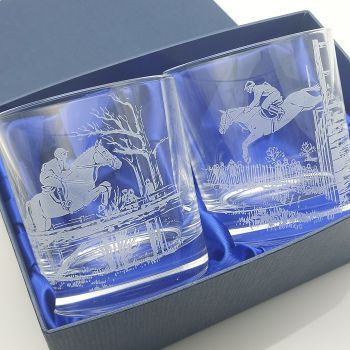 Boxed Heavy Pair Glass Whisky Tumblers Horse Show Jumping - Vintage (#61642) 1