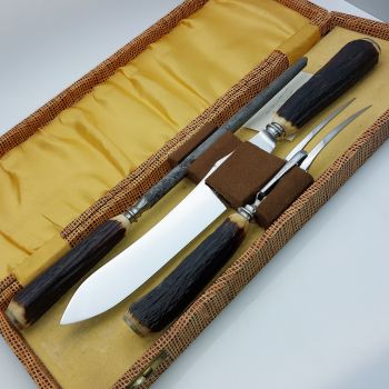 Stag Horn Antler Handled Carving Set - Cased - Sheffield Vintage (#61675) 1
