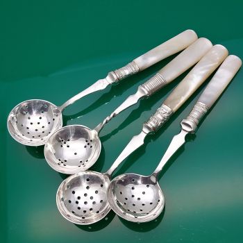 4x Mother Of Pearl Handled Silver Plated Sifting Straining Ladles Antique (#61708) 1