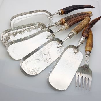 Stag Horn Antler Handle Crumb Trays Scoops Etc Silver Plated Antique (#61728) 1
