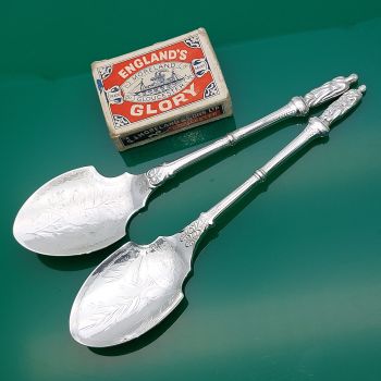 Pair Of Large Bowl Apostle Finial Jam Spoons - Silver Plated - Antique (#61749) 1